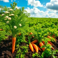 A detailed scene contrasting a wild carrot plant on one side, characterized by intricate feathery green foliage and delicate white flowering umbels, and a domesticated carrot crop on the other, displaying neatly arranged rows of vibrant orange carrots partially visible above rich, dark soil