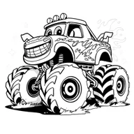 A black and white illustration of a monster cartoon truck, designed for a coloring book