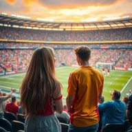 A romantic scene set in a vibrant football stadium filled with cheering fans, focusing on a young girl in the stands who is captivated by a handsome football player on the field