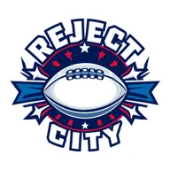 A stylized football logo design that mimics the iconic NFL logo structure but replaces the NFL branding with 'REJECT CITY' in bold, assertive typography