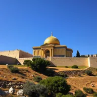 The magnificent Gold Jewish Temple, draped in luxurious purple and scarlet fabrics, situated on the Temple Mount in Jerusalem