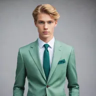 A tall and handsome 19-year-old boy with flowing golden-blonde hair, captivating emerald green eyes, a fit physique, elegantly dressed in a tailored suit.