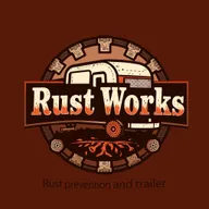 A unique and original logo design for 'Rust Works' that conveys a vintage/antique aesthetic with a rustic style