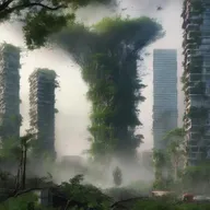 In the aftermath of the tornado, the once futuristic city is transformed into a lush forest, skyscrapers replaced with towering trees and technology giving way to untamed nature