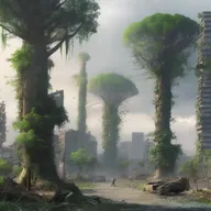 In the aftermath of the tornado, the once futuristic city is transformed into a lush forest, skyscrapers replaced with towering trees and technology giving way to untamed nature