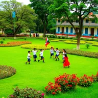 A vibrant school scene set in a green field where a group of students are energetically playing a flag game, showcasing their enthusiasm and camaraderie