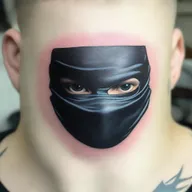A realistic tattoo in 3D resembling the logo of 'Ninja Master', inked onto the neck of a teenage boy