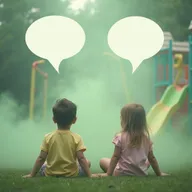 Two children sitting in a playground, surrounded by a soft green fog that creates a whimsical and enchanting atmosphere