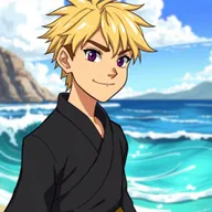 A tall adult male character with shaggy blonde hair and striking amethyst eyes, dressed in a traditional black Gi, stands confidently by the ocean