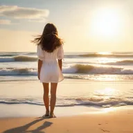 A picturesque scene of a girl wandering along a serene beach, with soft waves lapping at the shore and the warm sun casting cheerful light.