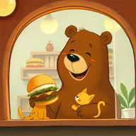 Inside a cozy hamburger shop, a smiling brown bear joyfully holds out a delicious, mouth-watering hamburger to an adorable little yellow cat