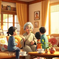 An endearing scene featuring an elderly grandmother character (ننه جون) engaged in a heartfelt conversation, giving wise advice to her curious grandchildren