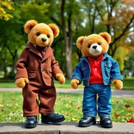 A delightful scene in a park where two teddy bear puppets are showcased