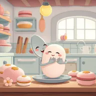 In a cartoon-style fairy tale kitchen filled with soft pastel colors reminiscent of macarons, a smiling spoon lovingly embraces a soft, fluffy tangyuan (glutinous rice ball) baby