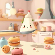 In a cartoon-style fairy tale kitchen bathed in soft pastel colors reminiscent of macarons, a cute yogurt hill sits atop a smiling spoon