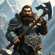 A stout dark brown-haired dwarf clad in heavy armor, confidently holding a large battle axe in one hand