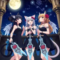 Three beautiful anime-like sisters named Rosebud, Rosaline, and Rosa, all 20 years old, joyfully gazing at the night sky from a palace terrace adorned with twinkling stars