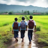 A hyper-realistic photograph depicting Indonesian school students walking to school through a rural landscape