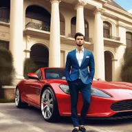 A vibrant digital art image showcasing a handsome, wealthy young man standing in front of his grand house with his sports car parked beside him