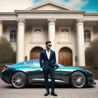 A vibrant digital art image showcasing a handsome, wealthy young man standing in front of his grand house with his sports car parked beside him