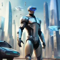 A man from the future, clad in futuristic attire with sleek gadgets and visors. Around him, a world brimming with advanced technology - floating vehicles, holographic screens and towering, light-filled skyscrapers.