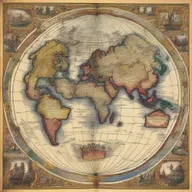 An illustrated globe depicting the world during the 15th century. Colorfully outlined continents with major kingdoms, trade routes, and exploration paths of the era are marked on it.