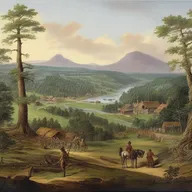 Scenic landscape view of America in 1747, depicting vast untouched wilderness, a small colonial settlement with log cabins, horse-drawn carriages on muddy paths, and settlers clad in typical 18th century clothing.