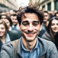 A portrayal of a sociopath with a charming exterior but a manipulative and selfie presence. Captured in an urban environment, his sly grin hides his true nature amidst the crowd, blending into society.