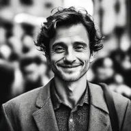 A portrayal of a sociopath with a charming exterior but a manipulative and selfie presence. Captured in an urban environment, his sly grin hides his true nature amidst the crowd, blending into society.