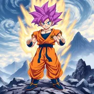 A dynamic and powerful portrayal of Goku from the anime "Dragon Ball", depicted in his Super Saiyan form with striking purple hair