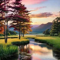 Tranquil Lake Sunset with Majestic Jacaranda Tree | Digital Art