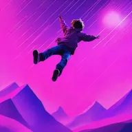A high-quality digital rendering of a teenager falling from a synthwave sky