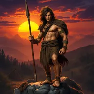 A powerful depiction of the strong and warrior-like eldest son of the first king among early humans, set in a dramatic prehistoric landscape
