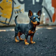A small Pinscher dog, creatively crafted from pitch and black asphalt, showcasing intricate textures and details of the materials