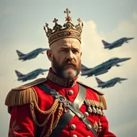 A bald man without a beard dressed in a traditional Ottoman military uniform, adorned with a regal crown