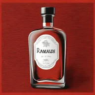 A high-quality digital art illustration of a clear glass bottle with the word 'Ramande' engraved on it, placed on a table covered with a vibrant red and black cloth