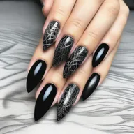An impressive digital art image showcasing a set of nails designed with a Gothic inspiration