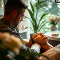 A woman receiving a facial treatment at a luxurious spa, with a serene expression on her face