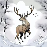 A high-quality, colored manga-style digital art image displaying a majestic, full-bodied deer with a large, imposing antler, leaping in mid-air