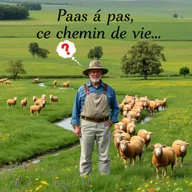A 55-year-old farmer standing in a flat, lush green pasture filled with a flock of brown sheep