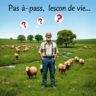 A 55-year-old farmer standing in a flat, lush green pasture filled with a flock of brown sheep