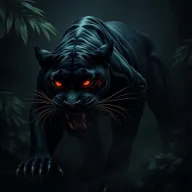 The Shadow Panther is an enormous, sleek black feline with striking glowing crimson eyes that pierce through the darkness