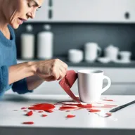 A high-resolution, real-life photograph showing a woman cutting a real white cup with a kitchen knife until it breaks