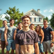 A vibrant scene featuring a cute, petite gay fraternity pledge in the foreground, proudly wearing a cropped shirt that prominently displays the word 'pledge'