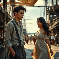 A captivating scene featuring a young and handsome dock worker, known as an estivador, in a bustling port setting reminiscent of 1810