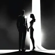 A high-quality digital art image featuring a tall, fit man dressed in a sharp suit and a woman in a white dress