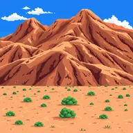 a pixel art depiction of a desert landscape inspired by the terrain of Enciso in La Rioja, featuring brown hillocks that cover most of the image, sandy ground with small green bushes scattered, a vibrant blue sky with a few white clouds, all illustrated in a retro style reminiscent of classic 2D video game graphics