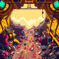 A futuristic mining warehouse in a state of destruction, viewed from the top, created in vibrant pixel art style