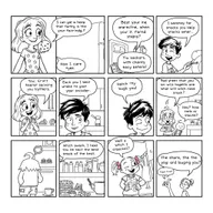 A black and white cartoon strip for coloring featuring a dialogue between twelve-year-old twins, a brother and sister