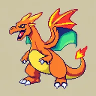 A shiny Charizard designed in pixel art style, featuring a vibrant color palette with striking shiny colors
